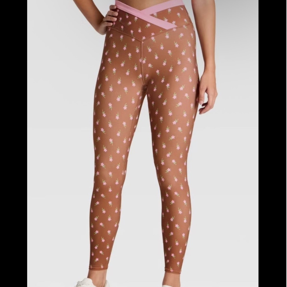 JoyLab Brown Leggings with Pink Floral Print
